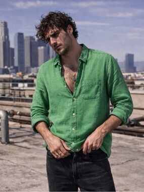 ZARA 100% Linen Shirt XL | Washed Jade Green Button-Up | Lightweight Summer